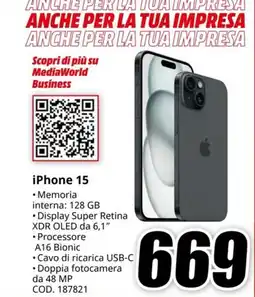 MediaWorld iPhone 15 offerta