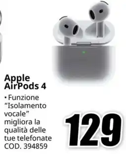 MediaWorld Apple AirPods 4 offerta