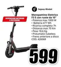 MediaWorld Monopattino Elettrico F3 E con ruote da 10" offerta