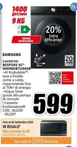MediaWorld SAMSUNG Lavatrice BESPOKE AI™ WW90DB7U94GB offerta