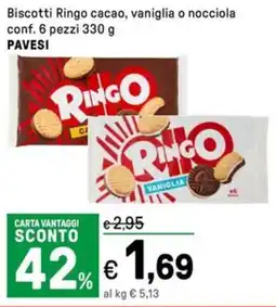 Iper La Grande Biscotti Ringo cacao, vaniglia o nocciola PAVESI offerta