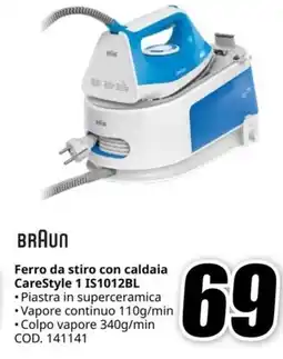 MediaWorld BRAUN Ferro da stiro con caldaia CareStyle 1 IS1012BL offerta