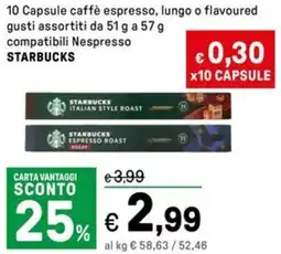 Iper La Grande 10 Capsule caffè espresso, lungo o flavoured gusti assortiti compatibili Nespresso STARBUCKS offerta