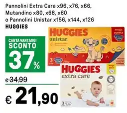 Iper La Grande Pannolini Extra Care x96, x76, x66, Mutandino x80, x68, x60 o Pannolini Unistar x156, x144, x126 HUGGIES offerta
