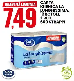 Eurospin Soft dream carta igienica la lunghissima, 12 rotoli, 2 veli, 600 strappi offerta