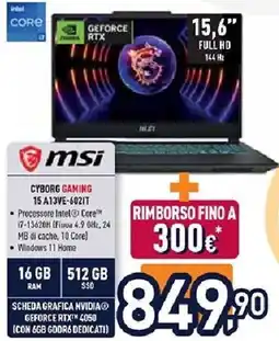 Unieuro msi CYBORG GAMING 15 A13VE-602IT offerta