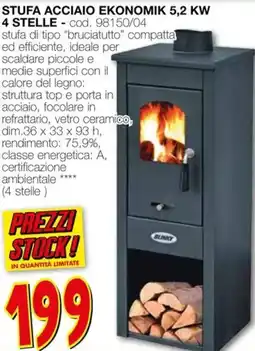 Mondo Brico Stufa acciaio ekonomik 5,2 KW 4 stelle offerta