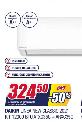 Trony Daikin Linea New Classic 2021 KIT 12000 BTU ATXC35C + ARXC35C offerta