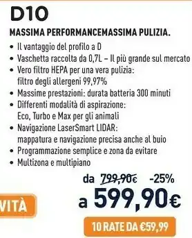 Unieuro D10 aspirapolvere robot capacità del contenitore raccogli polvere 0,7 l argento offerta