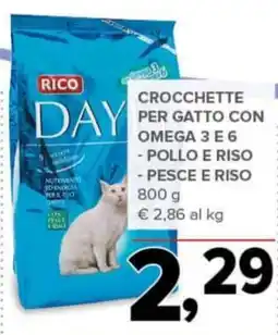 Todis RICO Crocchette day per gatto con omega 3 e 6 - pollo e riso - pesce e riso offerta