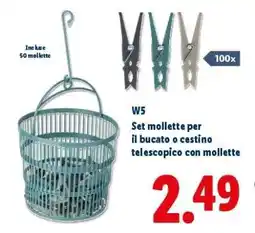 Lidl W5 Set mollette per il bucato o cestino telescopico con mollette offerta