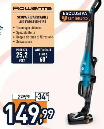 Unieuro Air force rh9151wo scopa elettrica senza sacchetto blu, grigio 0,5 l offerta