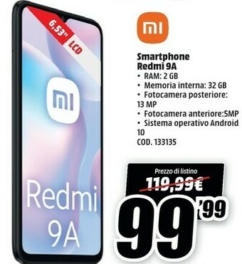 MediaWorld Redmi 9a 16,6 cm (6.53") 4g micro-usb 2 gb 32 gb 5000 mah blu offerta