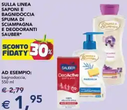 Esselunga Sulla linea saponi e bagnidoccia spuma di sciampagna e deodoranti SAUBER offerta