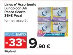 Carrefour Lines e’ Assorbente Lungo con Ali Pacco Scorta 36+8 Pezzi offerta