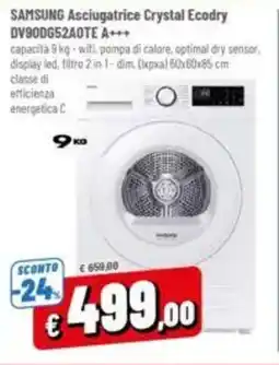 A&O SAMSUNG Asciugatrice Crystal Ecodry DV90DG52AOTE A+++ offerta
