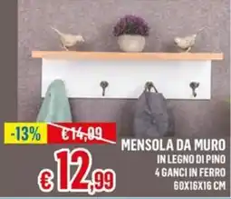 Satur Mensola da muro in legno di pino 4 ganci in ferro 60х16х16 см offerta