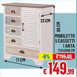 Satur Mobiletto 5 cassetti 1 anta 71x33x88 cm offerta