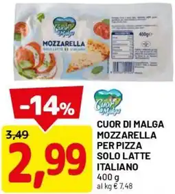 DPiù Cuor di malga mozzarella per pizza solo latte italiano offerta