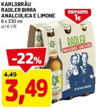 DPiù Karlsbräu radler birra analcolica e limone offerta