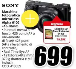 MediaWorld SONY Macchina fotografica mirrorless Alpha 6100 +16-50mm offerta