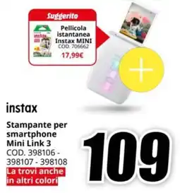 MediaWorld instax Stampante per smartphone Mini Link 3 offerta