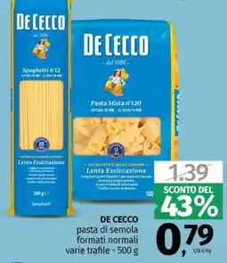 Pam DE CECCO pasta di semola formati normali varie trafile offerta