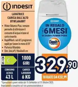 Unieuro Indesit LAVATRICE CARICA DALL'ALTO BTWL604001T offerta