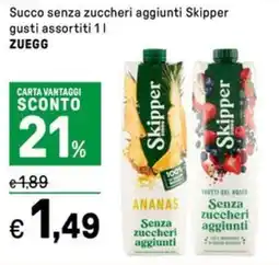 Iper La Grande Succo senza zuccheri aggiunti Skipper gusti assortiti ZUEGG offerta