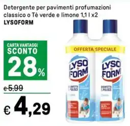 Iper La Grande Detergente per pavimenti profumazioni classico o Tè verde e limone LYSOFORM offerta