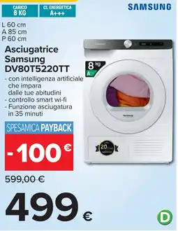 Carrefour Asciugatrice Samsung DV80T5220TT offerta