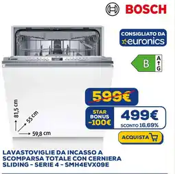Euronics BOSCH LAVASTOVIGLIE DA INCASSO A SCOMPARSA TOTALE CON CERNIERA SLIDING SERIE 4 - SMH4EVX09E offerta