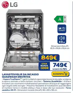Euronics LG LAVASTOVIGLIE DA INCASSO QUADWASH DB475TXS offerta