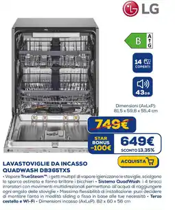 Euronics LG LAVASTOVIGLIE DA INCASSO QUADWASH DB365TXS offerta
