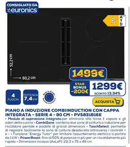 Euronics BOSCH PIANO A INDUZIONE COMBIINDUCTION CON CAPPA INTEGRATA - SERIE 4 - 80 CM - PVS831B16E offerta