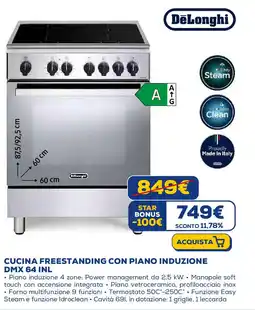 Euronics DeLonghi CUCINA FREESTANDING CON PIANO INDUZIONE DMX 64 INL offerta