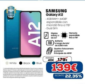 Euronics Galaxy a12 sm-a125f 16,5 cm (6.5") doppia sim 4g usb tipo-c 4 gb 64 gb 5000 mah blu offerta