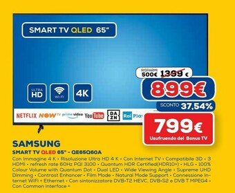 Euronics Series 6 tv qled 4k 65” qe65q60a smart tv wi-fi black 2021 offerta