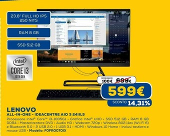 Euronics Ideacentre aio 3 24iil5 60,5 cm (23.8") 1920 x 1080 pixel intel® core™ i3 di decima generazione 8 gb ddr4-sdram 512 gb ssd pc offerta