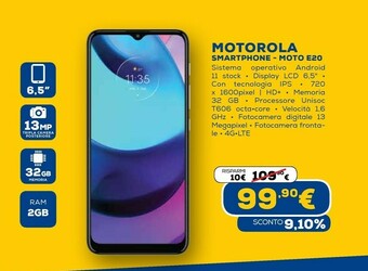 Euronics Moto e20 16,5 cm (6.5") doppia sim android 11 4g usb tipo-c 2 gb 32 gb 4000 mah grigio offerta