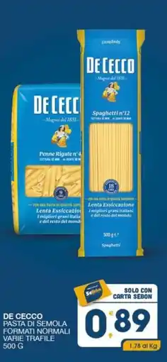 SeBón Supermercati De cecco pasta di semola formati normali varie trafile offerta