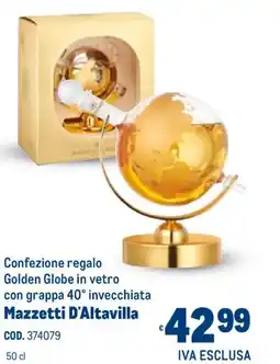Metro Confezione regalo Golden Globe in vetro con grappa 40° invecchiata Mazzetti D'Altavilla offerta