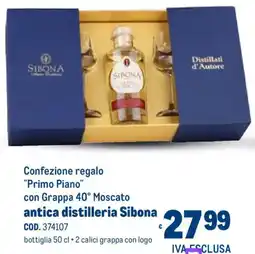 Metro Confezione regalo "Primo Piano" con Grappa 40° Moscato antica distilleria Sibona offerta