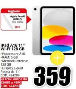 MediaWorld iPad A16 11" Wi-Fi 128 GB offerta