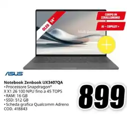MediaWorld ASUS Notebook Zenbook UX3407QA offerta