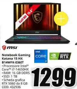 MediaWorld msi Notebook Gaming CORE Katana 15 HX B14WFK-036IT offerta
