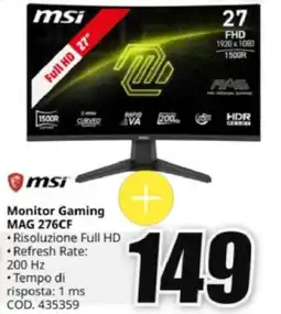 MediaWorld msi Monitor Gaming MAG 276CF offerta