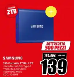 MediaWorld SAMSUNG SSD Portatile T7 Blu 2 TB offerta