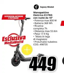 MediaWorld Segway-Ninebot Monopattino Elettrico E3 PRO con ruote da 10″ offerta