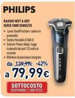 Unieuro PHILIPS RASOIO WET & DRY SERIE 5000 S5885/25 offerta